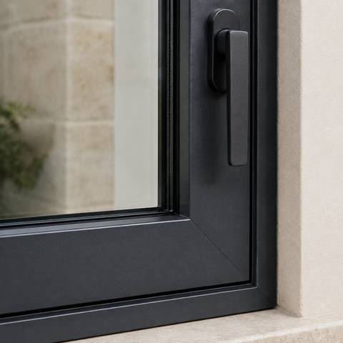 Illustration of an aluminium frame corner, gasket and handle in close detail.