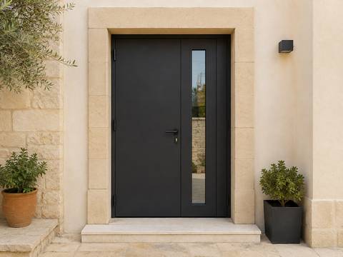Illustrative full-height anthracite aluminium entrance door with a glazed panel.