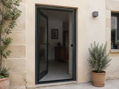 Illustrative insect screen with fine mesh and an aluminium frame across a doorway.