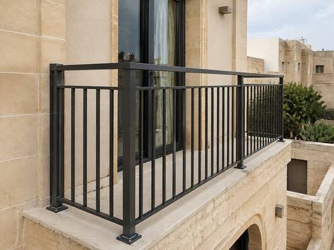 Illustrative aluminium balcony railing with upright posts and base connections.