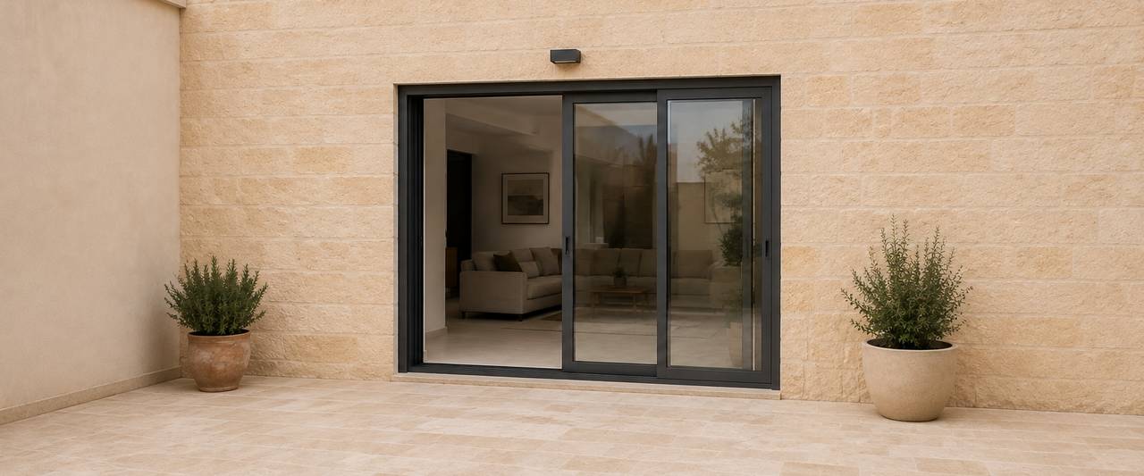 Illustration of an anthracite sliding aluminium opening facing a limestone terrace.